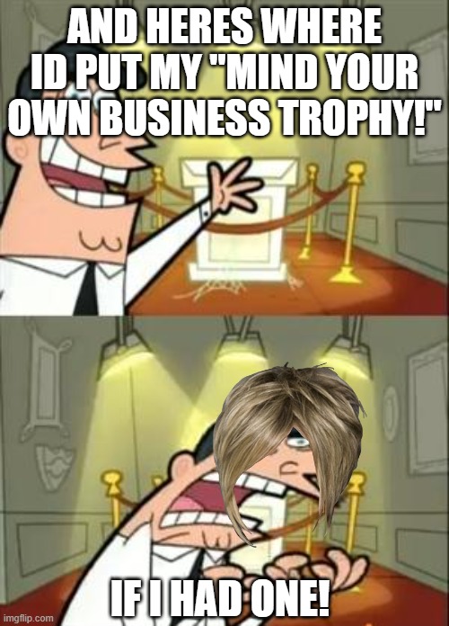 This Is Where I'd Put My Trophy If I Had One | AND HERES WHERE ID PUT MY "MIND YOUR OWN BUSINESS TROPHY!"; IF I HAD ONE! | image tagged in memes,this is where i'd put my trophy if i had one | made w/ Imgflip meme maker