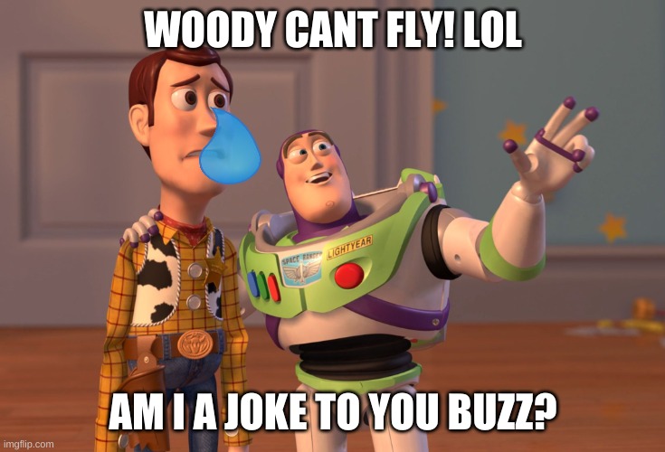 X, X Everywhere Meme | WOODY CANT FLY! LOL; AM I A JOKE TO YOU BUZZ? | image tagged in memes,x x everywhere | made w/ Imgflip meme maker