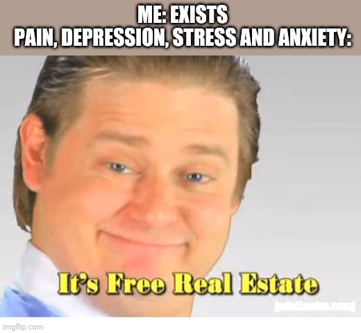 It's Free Real Estate | ME: EXISTS
PAIN, DEPRESSION, STRESS AND ANXIETY: | image tagged in it's free real estate | made w/ Imgflip meme maker