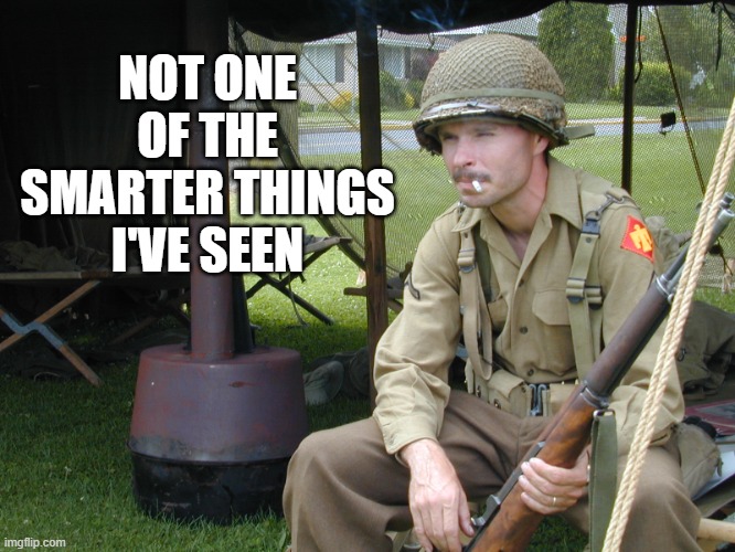 Pvt Smartass7 | NOT ONE OF THE SMARTER THINGS I'VE SEEN | image tagged in pvt smartass7,military,funny memes,world war 2 | made w/ Imgflip meme maker
