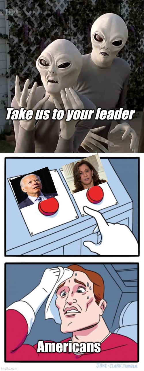 They should have asked to see the green screen king | Take us to your leader; Americans | image tagged in aliens,memes,two buttons,joe biden,kamala harris | made w/ Imgflip meme maker