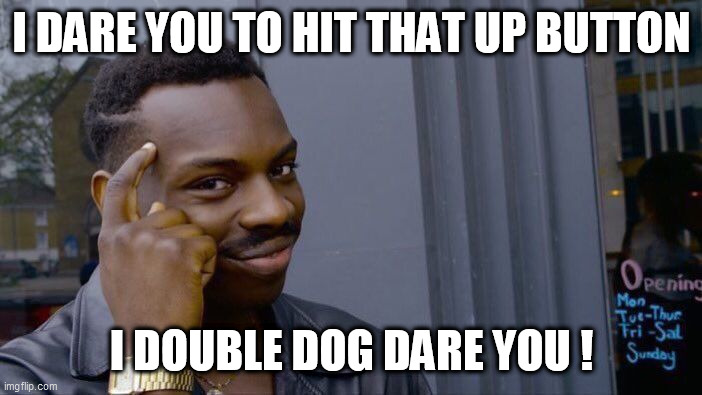 Roll Safe Think About It | I DARE YOU TO HIT THAT UP BUTTON; I DOUBLE DOG DARE YOU ! | image tagged in memes,roll safe think about it | made w/ Imgflip meme maker