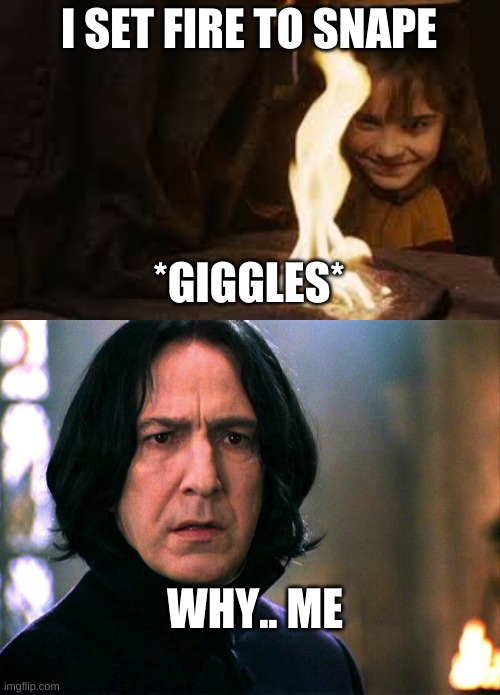 I set fire to the snape! | I SET FIRE TO SNAPE; *GIGGLES*; WHY.. ME | image tagged in hermione setting fire to snapes cloak,snape always,hermione granger,snape,fire,hehehe | made w/ Imgflip meme maker