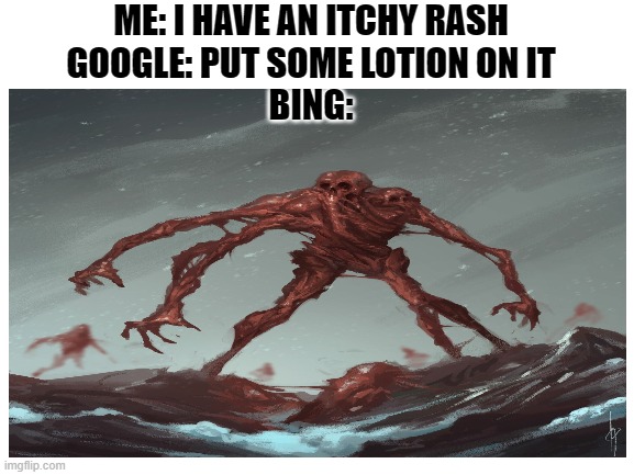 YOU ARE A VICTIM OF 610 | ME: I HAVE AN ITCHY RASH
GOOGLE: PUT SOME LOTION ON IT
BING: | image tagged in noooo | made w/ Imgflip meme maker