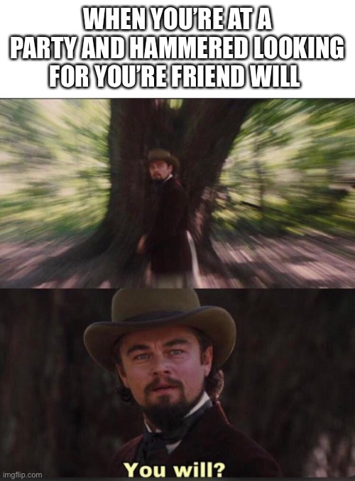 You Will? | WHEN YOU’RE AT A PARTY AND HAMMERED LOOKING FOR YOU’RE FRIEND WILL | image tagged in you will leonardo django,memes,party,drunk,stolen meme,maybe | made w/ Imgflip meme maker