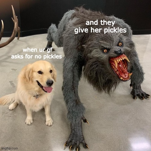 Good dog scary dog | and they give her pickles; when ur gf asks for no pickles | image tagged in good dog scary dog | made w/ Imgflip meme maker