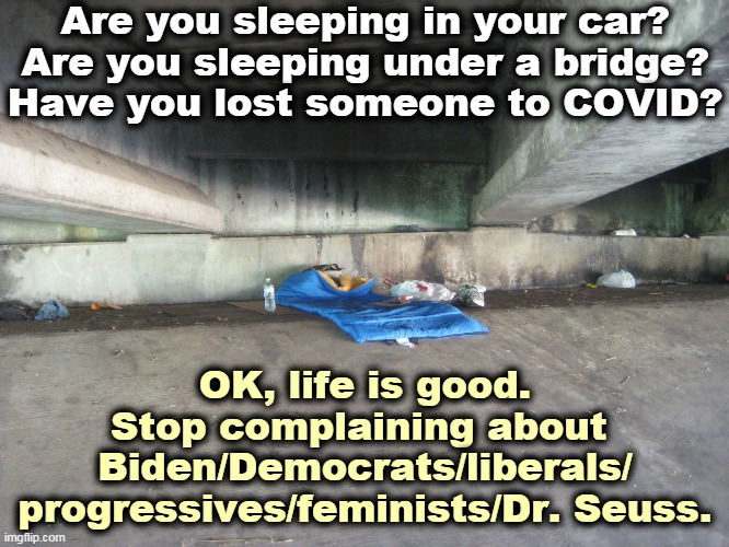 Count your blessings. Then don't be so boring. | Are you sleeping in your car?
Are you sleeping under a bridge?
Have you lost someone to COVID? OK, life is good.
Stop complaining about 
Biden/Democrats/liberals/
progressives/feminists/Dr. Seuss. | image tagged in homeless,sad,prosperity,good,complaining | made w/ Imgflip meme maker