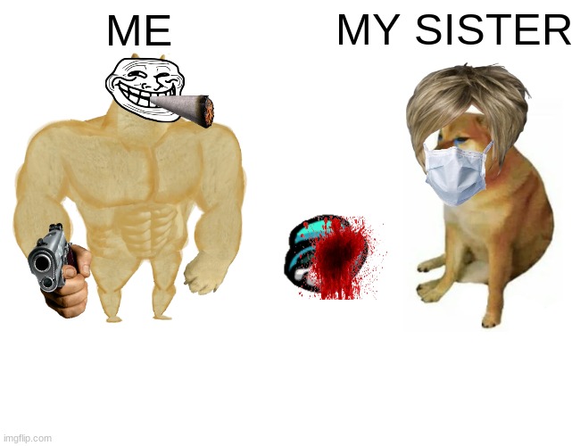BRO | ME; MY SISTER | image tagged in memes,buff doge vs cheems | made w/ Imgflip meme maker