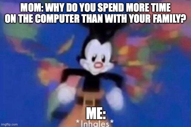 *inhales* | MOM: WHY DO YOU SPEND MORE TIME ON THE COMPUTER THAN WITH YOUR FAMILY? ME: | image tagged in i am forced to put one tag | made w/ Imgflip meme maker