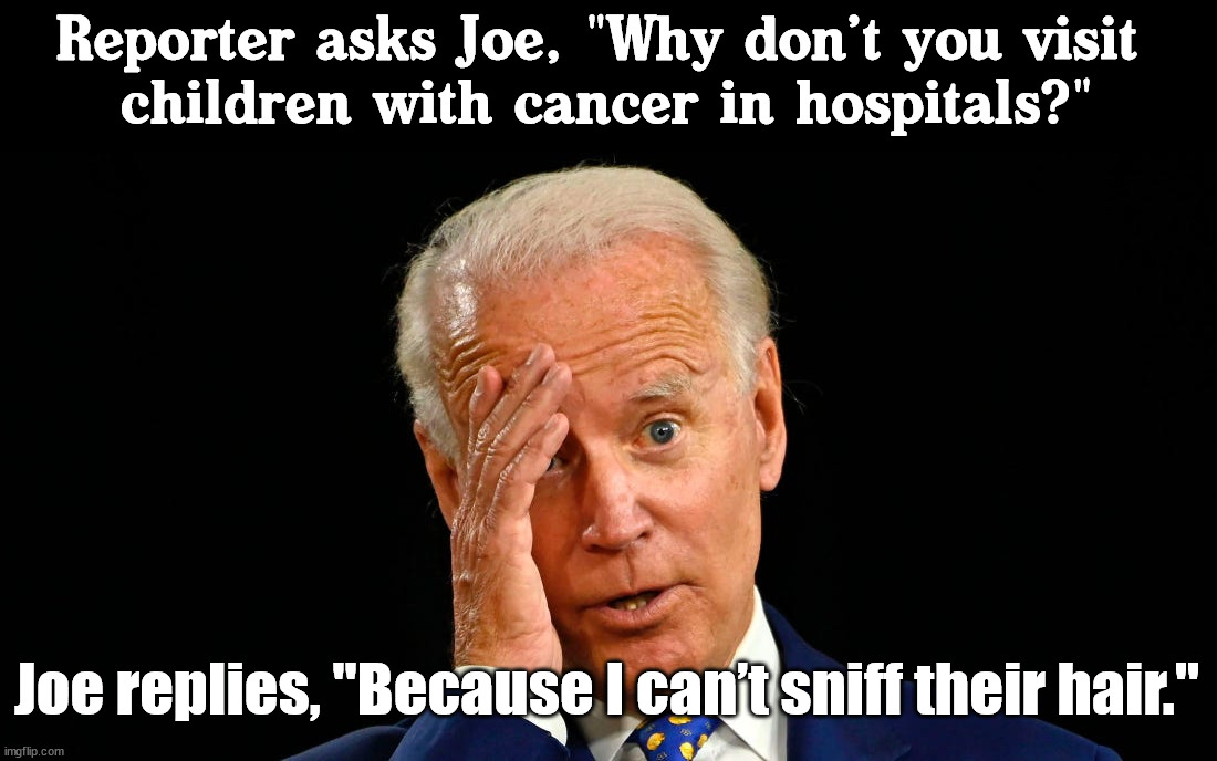 Reporter asks Joe, "Why don’t you visit 
children with cancer in hospitals?"; Joe replies, "Because I can’t sniff their hair." | image tagged in conservatives | made w/ Imgflip meme maker