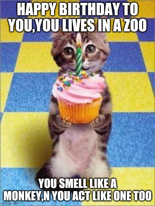 Happy Birthday Cat | HAPPY BIRTHDAY TO YOU,YOU LIVES IN A ZOO; YOU SMELL LIKE A MONKEY,N YOU ACT LIKE ONE TOO | image tagged in happy birthday cat | made w/ Imgflip meme maker
