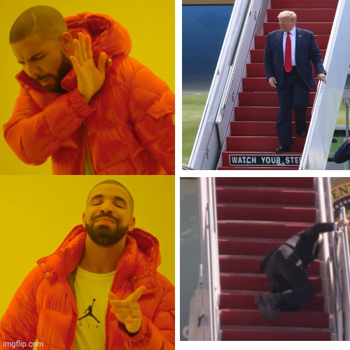 A How to Presidential guide to walking up and downstairs | image tagged in drake hotline bling,donald trump,joe biden,traitor,election fraud,stairs | made w/ Imgflip meme maker