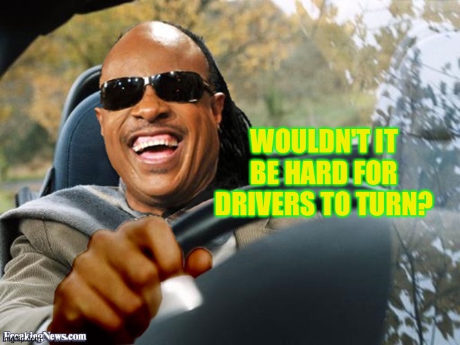 Stevie Wonder Driving | WOULDN'T IT BE HARD FOR DRIVERS TO TURN? | image tagged in stevie wonder driving | made w/ Imgflip meme maker