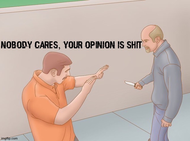 Nobody cares, your opinion is shit | image tagged in nobody cares your opinion is shit | made w/ Imgflip meme maker