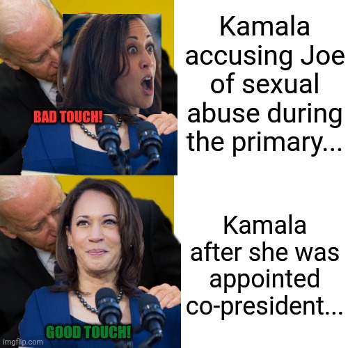 Hashtagmetoo, unless you're a dem. Then go nuts! | Kamala accusing Joe of sexual abuse during the primary... Kamala after she was appointed co-president... BAD TOUCH! GOOD TOUCH! | image tagged in kamala harris,national democratic socialist president for life,metoo | made w/ Imgflip meme maker