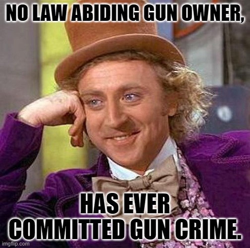 Technically correct, the best kind of correct. | NO LAW ABIDING GUN OWNER, HAS EVER COMMITTED GUN CRIME. | image tagged in memes,creepy condescending wonka,truism | made w/ Imgflip meme maker