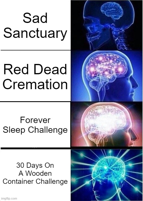 the text was expanding too LMAO | Sad Sanctuary; Red Dead Cremation; Forever Sleep Challenge; 30 Days On A Wooden Container Challenge | image tagged in memes,expanding brain,dead,coffin,graveyard,funny | made w/ Imgflip meme maker