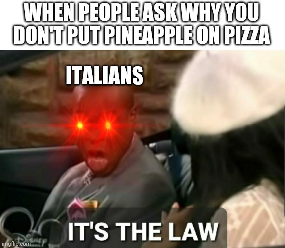 It's the law | WHEN PEOPLE ASK WHY YOU DON'T PUT PINEAPPLE ON PIZZA; ITALIANS | image tagged in it's the law | made w/ Imgflip meme maker