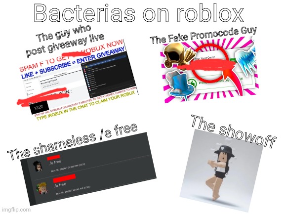 Bacterias on roblox.com | Bacterias on roblox; The Fake Promocode Guy; The guy who post giveaway live; The shameless /e free; The showoff | image tagged in roblox meme | made w/ Imgflip meme maker