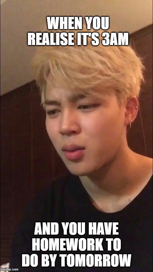 Realising homework | WHEN YOU REALISE IT'S 3AM; AND YOU HAVE HOMEWORK TO DO BY TOMORROW | image tagged in confused jimin,jimin,bts | made w/ Imgflip meme maker