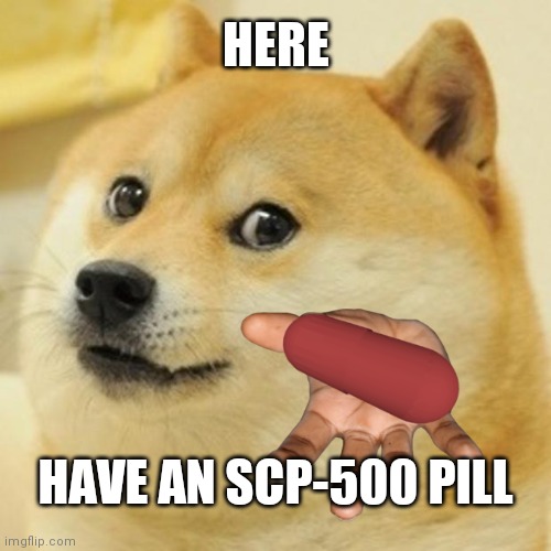 Doge Meme | HERE; HAVE AN SCP-500 PILL | image tagged in memes,doge | made w/ Imgflip meme maker