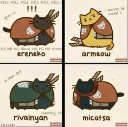 everyone in attack on titan as cats | image tagged in eren jaeger,mikasa ackerman,levi ackerman,attack on titan,armin arlert | made w/ Imgflip meme maker