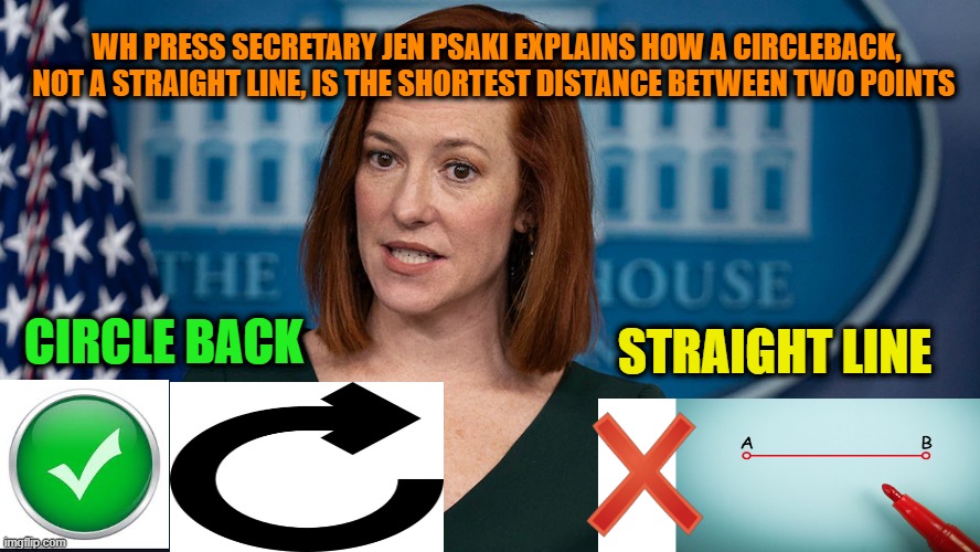 Psaki's Law |  WH PRESS SECRETARY JEN PSAKI EXPLAINS HOW A CIRCLEBACK, NOT A STRAIGHT LINE, IS THE SHORTEST DISTANCE BETWEEN TWO POINTS; STRAIGHT LINE; CIRCLE BACK | image tagged in white house press secretary,jen psaki | made w/ Imgflip meme maker
