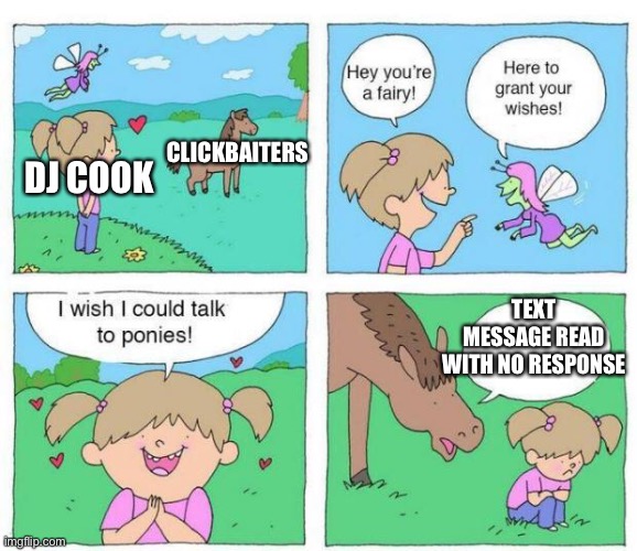 Talk to Ponies |  CLICKBAITERS; DJ COOK; TEXT MESSAGE READ WITH NO RESPONSE | image tagged in talk to ponies | made w/ Imgflip meme maker