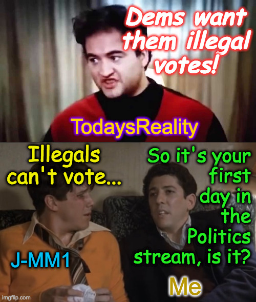 There's endless inspiration in the Politics stream  ( : | Dems want
them illegal
votes! TodaysReality; So it's your
first
day in
the
Politics
stream, is it? Illegals can't vote... J-MM1; Me | image tagged in memes,bluto's speech,he's on a roll,illegals,todaysreality,politics stream | made w/ Imgflip meme maker