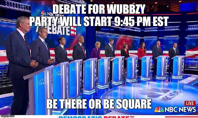 Though if you win the losers can still run fyi | DEBATE FOR WUBBZY PARTY WILL START 9:45 PM EST; BE THERE OR BE SQUARE | image tagged in democratic debate,wubbzy | made w/ Imgflip meme maker