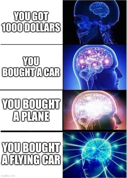 Big brain me | YOU GOT 1000 DOLLARS; YOU BOUGHT A CAR; YOU BOUGHT A PLANE; YOU BOUGHT A FLYING CAR | image tagged in memes,expanding brain | made w/ Imgflip meme maker