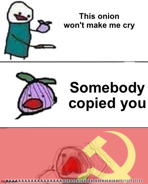 This onion won't make me cry (communist) | A A A A A A A A A A A A A A A A A A H H H H H H H H H H H H H H H H ! ! ! ! ! ! ! ! ! ! ! ! Somebody copied you | image tagged in this onion won't make me cry communist | made w/ Imgflip meme maker