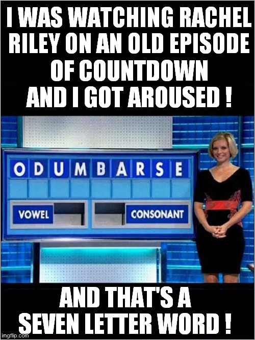 Countdown Excitement ! | I WAS WATCHING RACHEL RILEY ON AN OLD EPISODE; OF COUNTDOWN AND I GOT AROUSED ! AND THAT'S A SEVEN LETTER WORD ! | image tagged in countdown,uk tv,visual pun | made w/ Imgflip meme maker