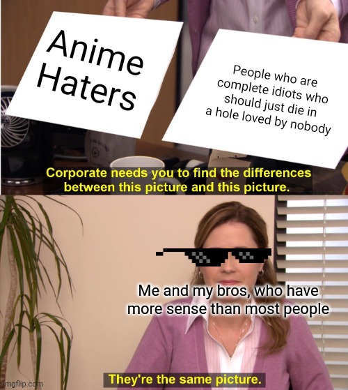 I mean, it is true | Anime Haters; People who are complete idiots who should just die in a hole loved by nobody; Me and my bros, who have more sense than most people | image tagged in memes,they're the same picture,im smart | made w/ Imgflip meme maker