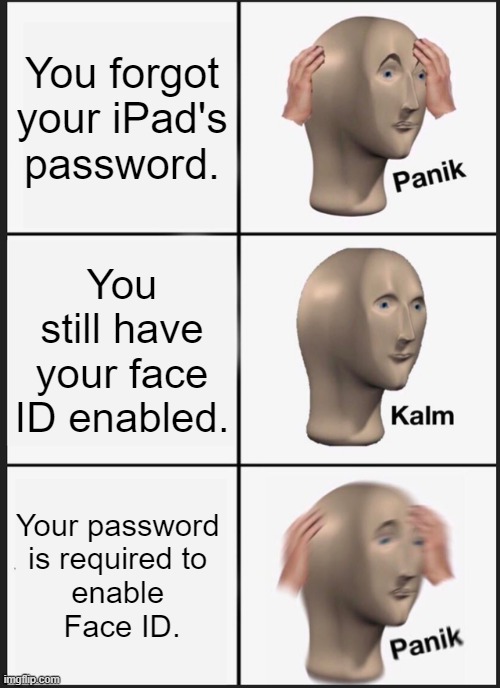 Your iPad | You forgot your iPad's
password. You still have your face ID enabled. Your password 
is required to 
enable 
Face ID. | image tagged in memes,panik kalm panik | made w/ Imgflip meme maker