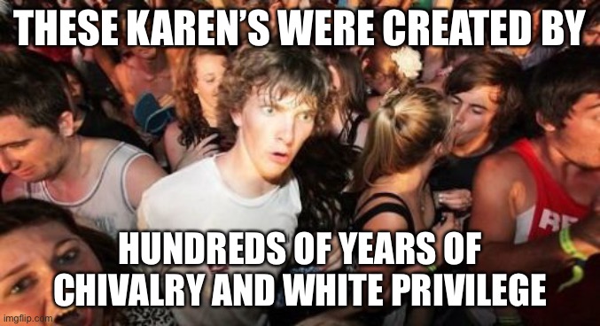 Sudden Clarity Clarence Meme | THESE KAREN’S WERE CREATED BY HUNDREDS OF YEARS OF CHIVALRY AND WHITE PRIVILEGE | image tagged in memes,sudden clarity clarence,karens,evolution | made w/ Imgflip meme maker