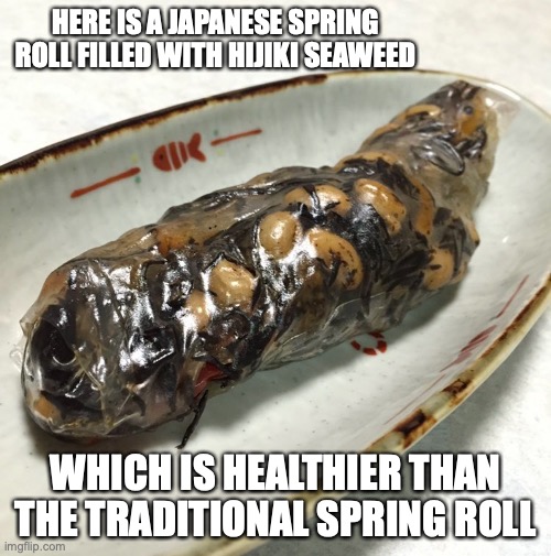 Spring Roll With Seaweed | HERE IS A JAPANESE SPRING ROLL FILLED WITH HIJIKI SEAWEED; WHICH IS HEALTHIER THAN THE TRADITIONAL SPRING ROLL | image tagged in seaweed,food,memes,spring roll | made w/ Imgflip meme maker