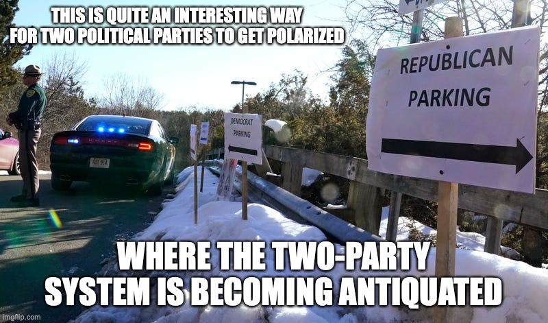 Polarized Parking | THIS IS QUITE AN INTERESTING WAY FOR TWO POLITICAL PARTIES TO GET POLARIZED; WHERE THE TWO-PARTY SYSTEM IS BECOMING ANTIQUATED | image tagged in parking lot,memes,politics | made w/ Imgflip meme maker