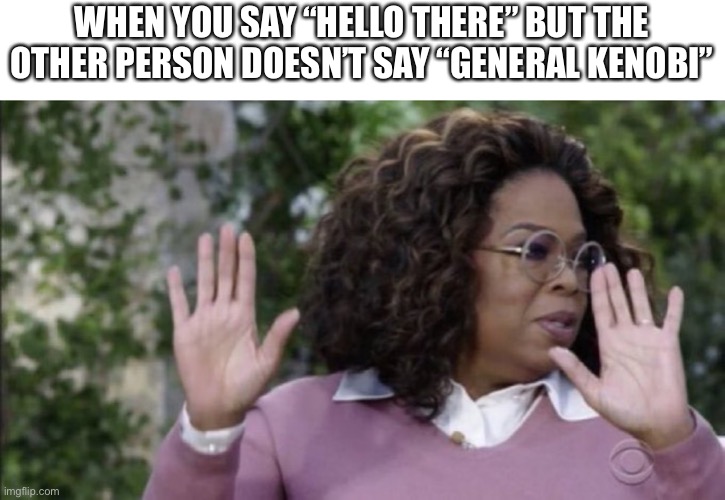 General Kenobi strikes again | WHEN YOU SAY “HELLO THERE” BUT THE OTHER PERSON DOESN’T SAY “GENERAL KENOBI” | image tagged in oprah interview,general kenobi hello there | made w/ Imgflip meme maker
