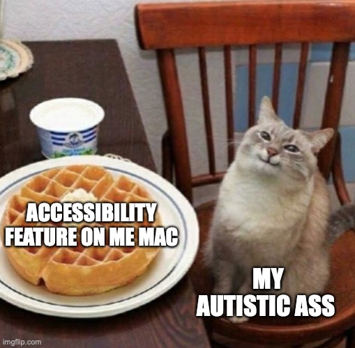 Cat likes their waffle | ACCESSIBILITY FEATURE ON ME MAC; MY AUTISTIC ASS | image tagged in cat likes their waffle | made w/ Imgflip meme maker