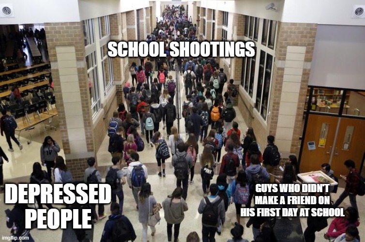 Reasons. | SCHOOL SHOOTINGS; DEPRESSED PEOPLE; GUYS WHO DIDN'T MAKE A FRIEND ON HIS FIRST DAY AT SCHOOL | image tagged in 2 in 1 | made w/ Imgflip meme maker