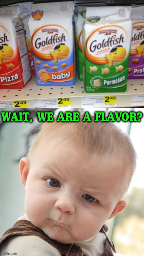 Will it taste like crap then? | WAIT, WE ARE A FLAVOR? | image tagged in memes,skeptical baby,crap,goldfish | made w/ Imgflip meme maker