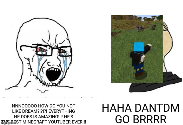 I'm posting this in #canceldreamatans. Wish me luck. | HAHA DANTDM GO BRRRR; NNNOOOOO HOW DO YOU NOT LIKE DREAM?!?!?! EVERYTHING HE DOES IS AMAZING!!!! HE'S THE BEST MINECRAFT YOUTUBER EVER!!! | image tagged in soyboy vs yes chad | made w/ Imgflip meme maker