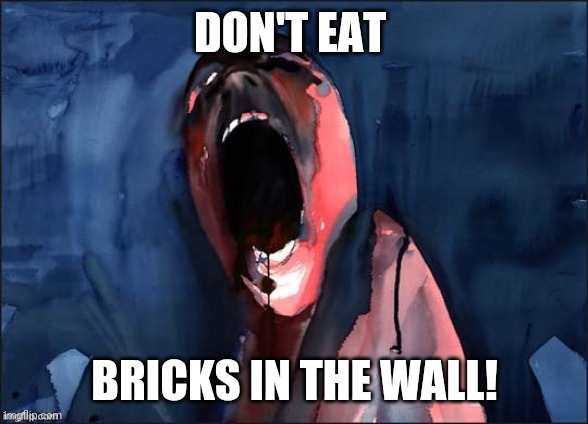 Pink Floyd Scream | DON'T EAT BRICKS IN THE WALL! | image tagged in pink floyd scream | made w/ Imgflip meme maker