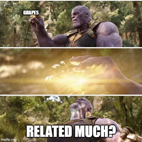 thanos grapes related much? | GRAPES; RELATED MUCH? | image tagged in thanos | made w/ Imgflip meme maker