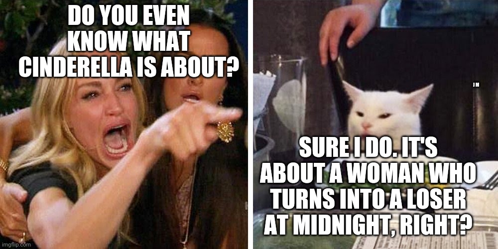 Smudge the cat | DO YOU EVEN KNOW WHAT CINDERELLA IS ABOUT? J M; SURE I DO. IT'S ABOUT A WOMAN WHO TURNS INTO A LOSER AT MIDNIGHT, RIGHT? | image tagged in smudge the cat | made w/ Imgflip meme maker