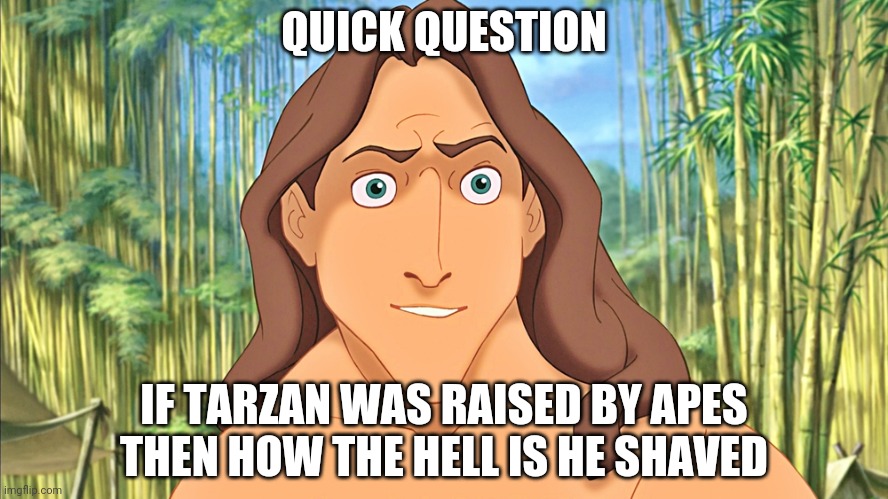 Tarzan | QUICK QUESTION IF TARZAN WAS RAISED BY APES THEN HOW THE HELL IS HE SHAVED | image tagged in tarzan | made w/ Imgflip meme maker