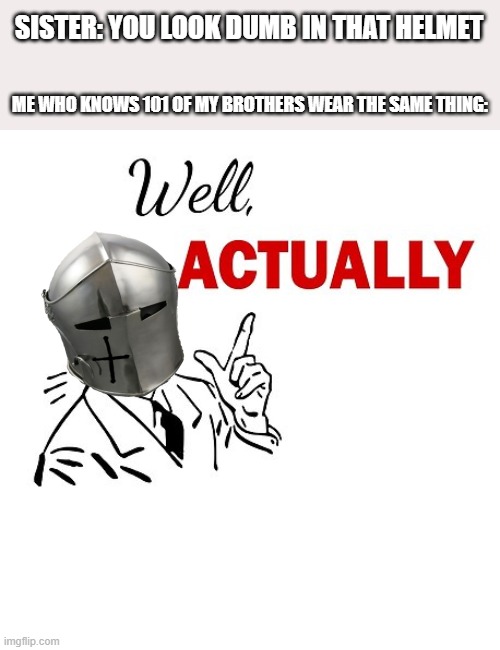 sisters am i right? | SISTER: YOU LOOK DUMB IN THAT HELMET; ME WHO KNOWS 101 OF MY BROTHERS WEAR THE SAME THING: | image tagged in well actually,crusader,siblings | made w/ Imgflip meme maker