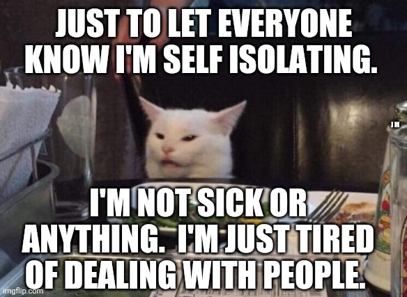 Salad cat | JUST TO LET EVERYONE KNOW I'M SELF ISOLATING. J M; I'M NOT SICK OR ANYTHING.  I'M JUST TIRED OF DEALING WITH PEOPLE. | image tagged in salad cat,smudge the cat | made w/ Imgflip meme maker