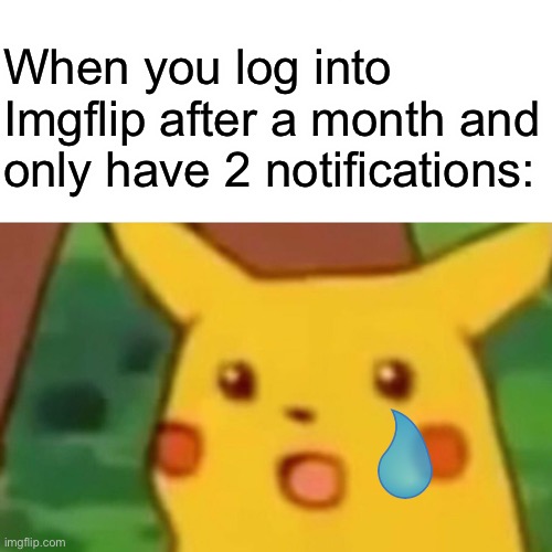 Surprised Pikachu Meme | When you log into Imgflip after a month and only have 2 notifications: | image tagged in memes,surprised pikachu | made w/ Imgflip meme maker